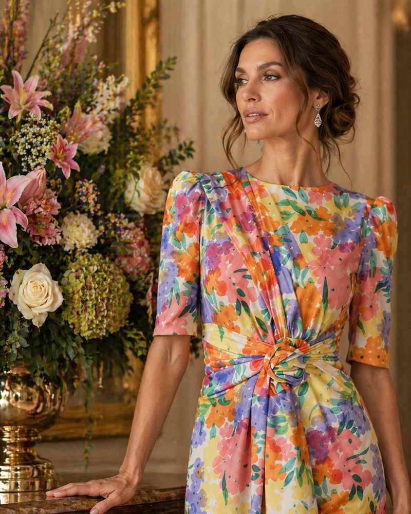 Vestido midi floral con nudo en cintura — Fabricado en España — Tallas XS a L