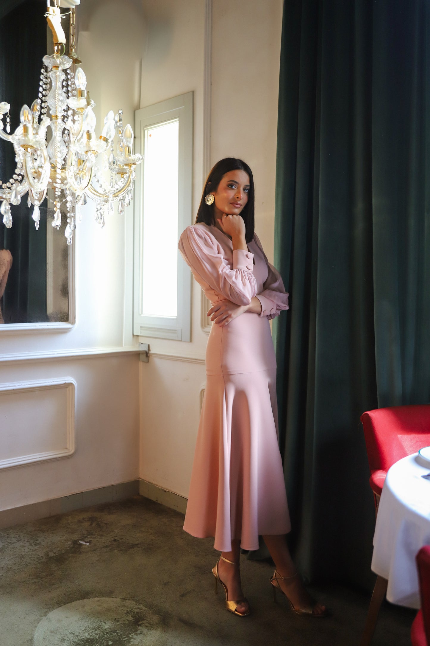 VESTIDO CHÍA NUDE MANGA GASA BOTONES