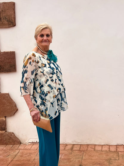 Blusa de fiesta gasa estampada asimétrica — tallas 44, 46 y 48 — diseñada y fabricada en España El Vestidor de Inma