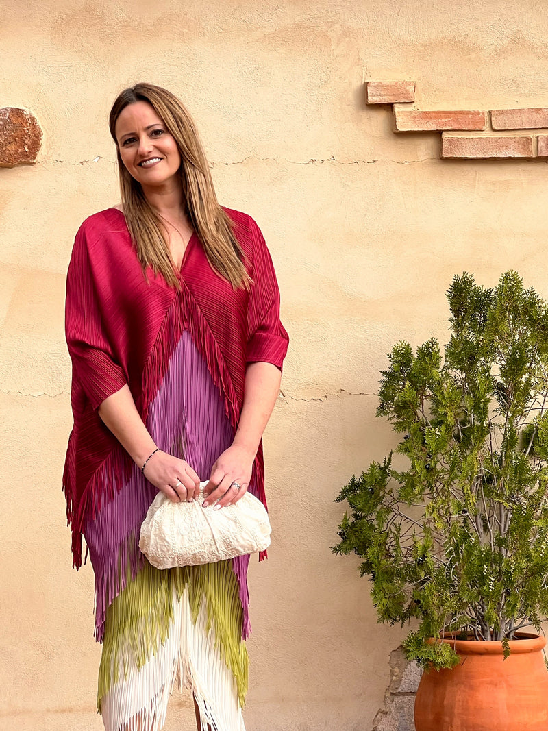 Vestido Invitada Plisado con Flecos Talla Única Hasta 52