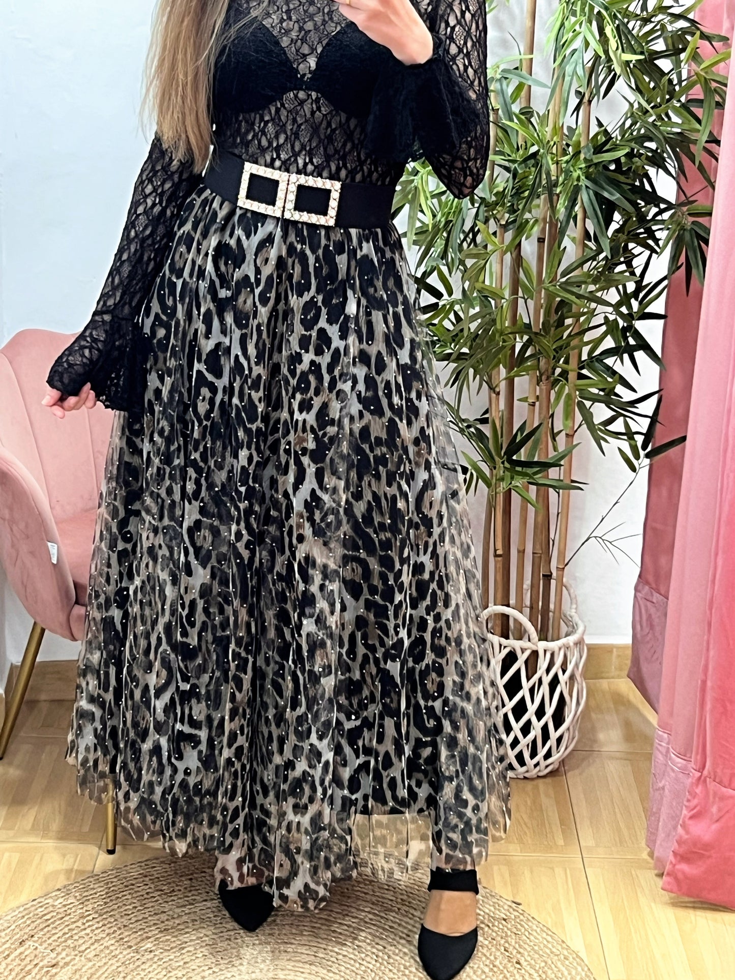 Falda Larga de Tul Animal Print con Brillos – Cintura Elástica, Mucho Vuelo y Forro Interior (Talla Única) El Vestidor de Inma