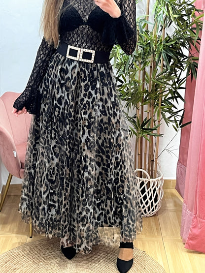 Falda Larga de Tul Animal Print con Brillos – Cintura Elástica, Mucho Vuelo y Forro Interior (Talla Única) El Vestidor de Inma