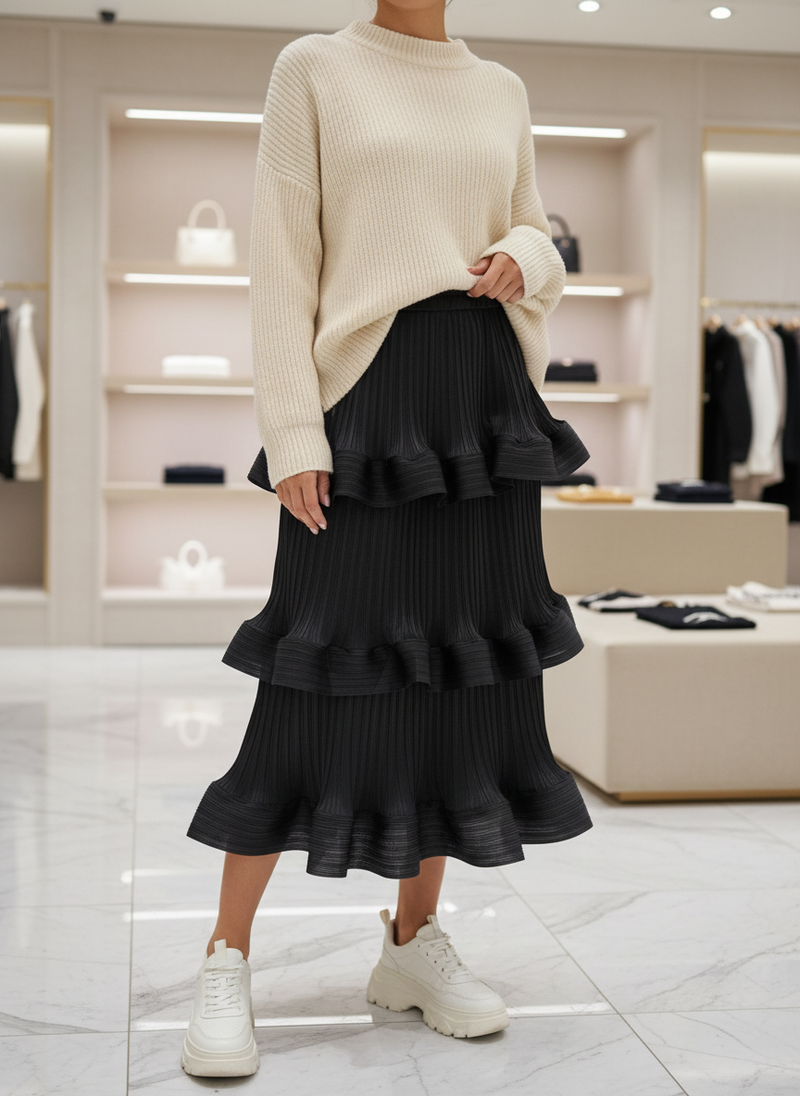 Falda Midi Talla Única con Volantes Estructurados – Negra, Amplia hasta Talla 50