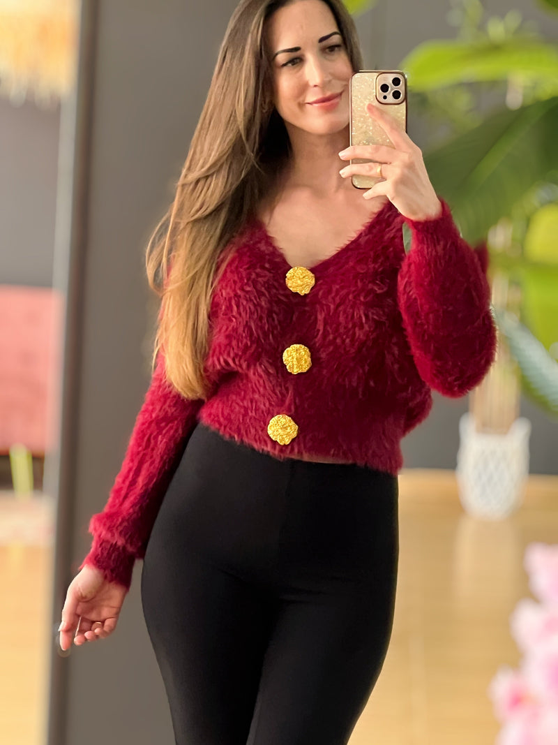 Jersey Peluche Burdeos con Botones Dorados