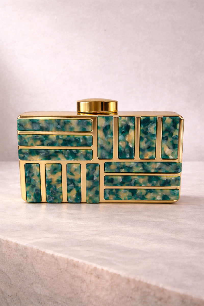 Cartera de Invitada Verde y Dorada | Clutch Elegante de Resina para Bodas y Eventos