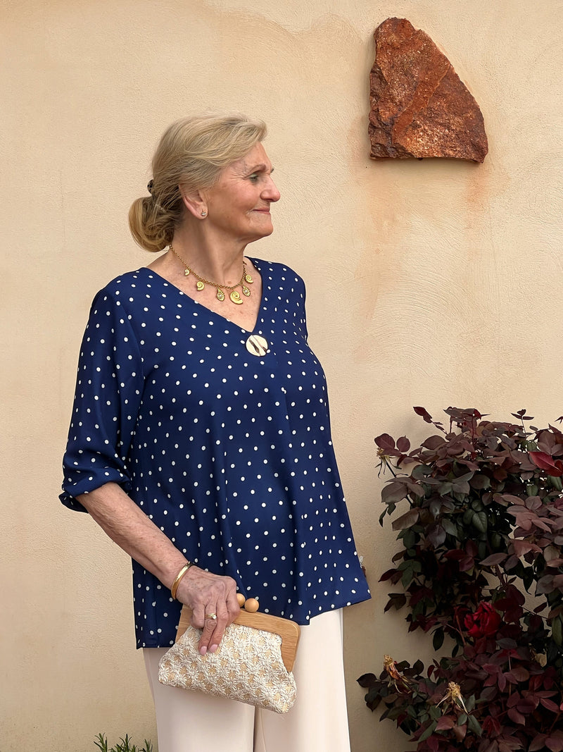 Blusa Lunares Azul Marino | Manga 3/4 | Tallas 42 a 48 | Hecha en España