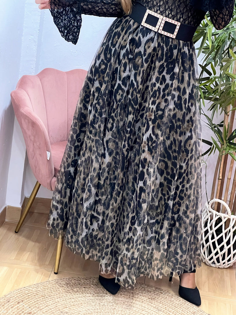 Falda Larga de Tul Animal Print con Brillos – Cintura Elástica, Mucho Vuelo y Forro Interior (Talla Única)