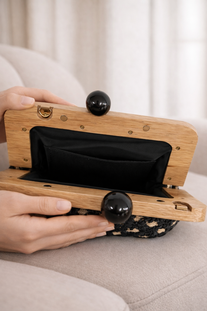 Cartera de Invitada Natural con Marco de Madera | Bolso Clutch Elegante para Bodas y Eventos