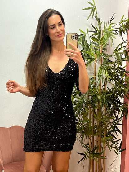 Vestido Negro de Lentejuelas Talla Única – Elegante, Forrado y Ajustable 36 a 40/42 El Vestidor de Inma