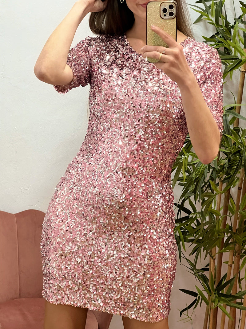 Vestido Rosa de Lentejuelas – Talla Única 36 a 42 con Forro, Brillo y Corte Ajustado