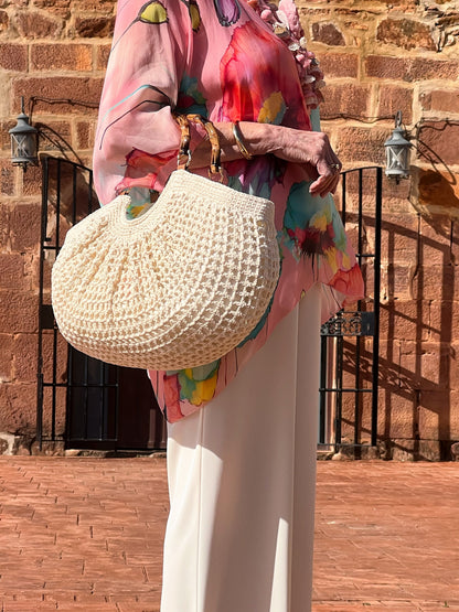 Bolso Crochet Hecho a Mano Asa Bambú Crema | Bolso Invitada Boda Comunión El Vestidor de Inma