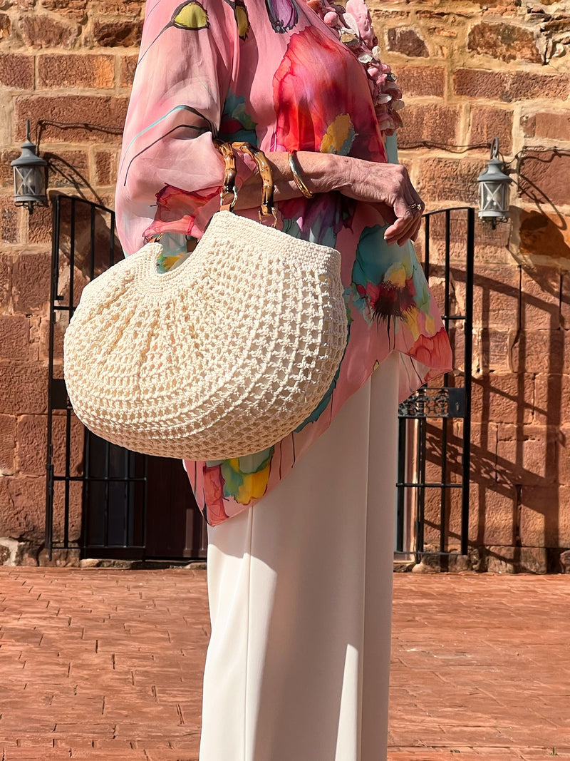 Bolso Crochet Hecho a Mano Asa Bambú Crema | Bolso Invitada Boda Comunión