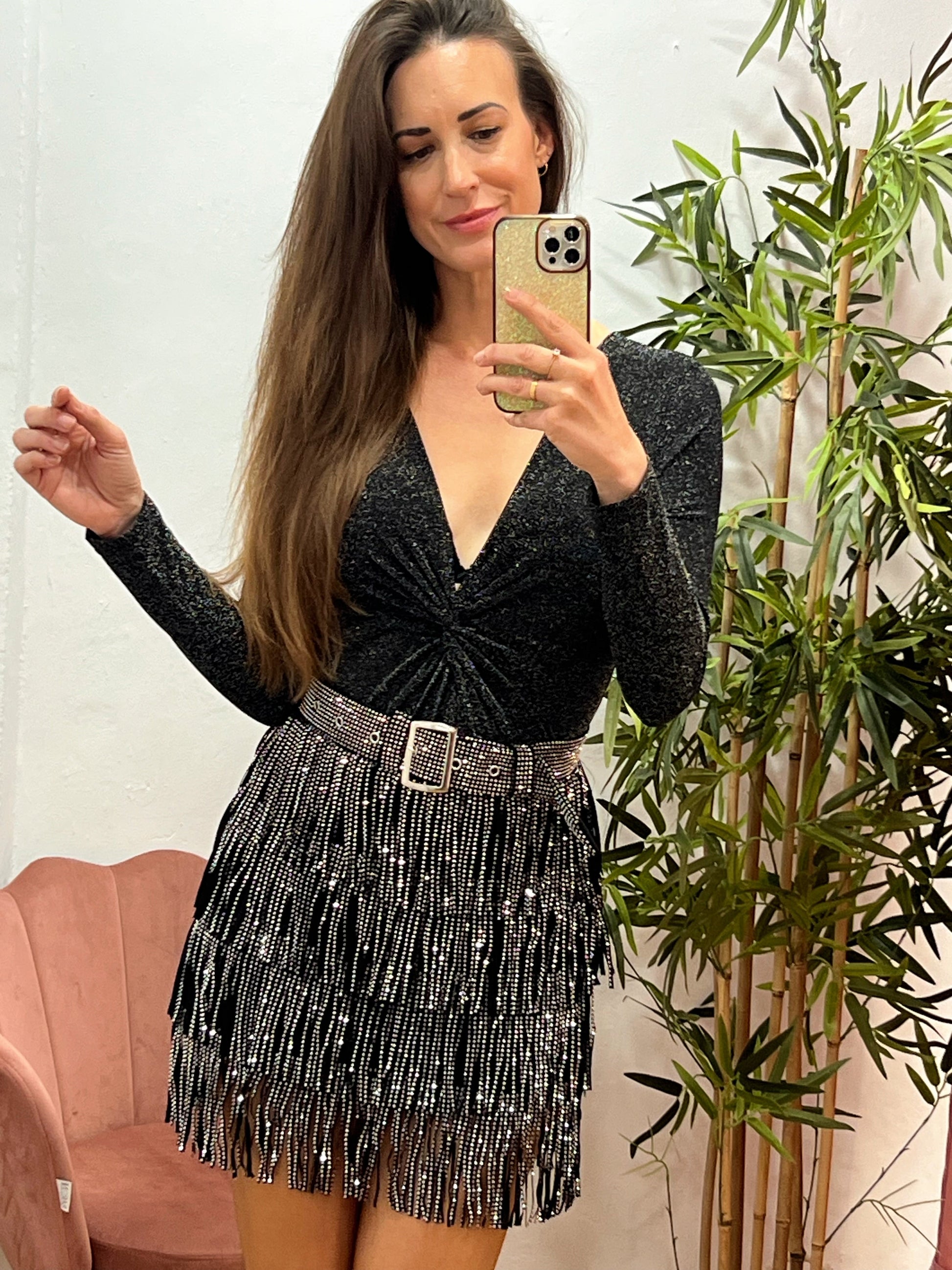 Falda Negra de Flecos con Strass Plateado – Elástica, con Cremallera Trasera y Cinturón Incorporado El Vestidor de Inma