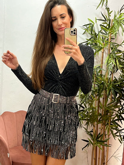 Falda Negra de Flecos con Strass Plateado – Elástica, con Cremallera Trasera y Cinturón Incorporado El Vestidor de Inma