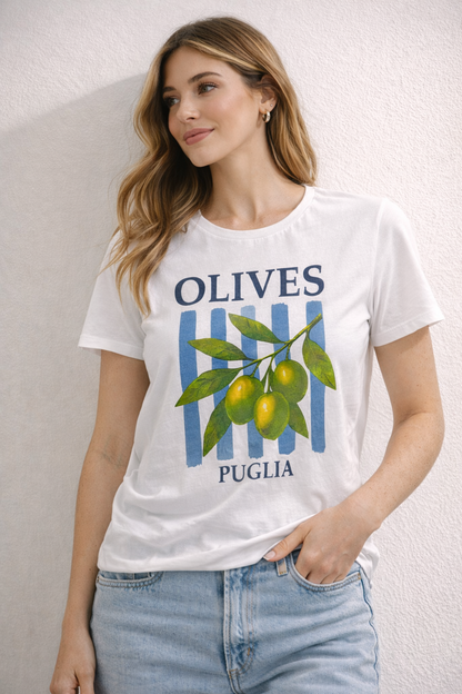 Camiseta Olives Puglia Blanca Estampado Olivas | Talla Única hasta 44/46 El Vestidor de Inma