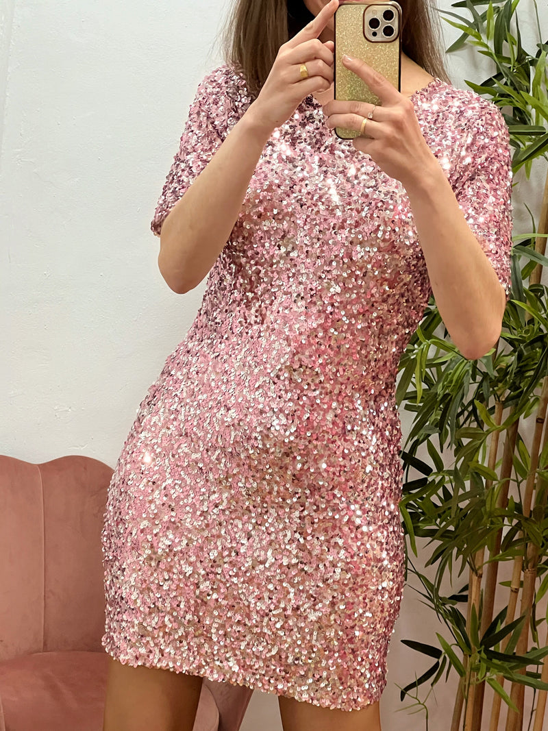 Vestido Rosa de Lentejuelas – Talla Única 36 a 42 con Forro, Brillo y Corte Ajustado
