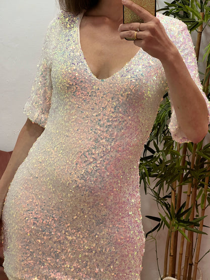 Vestido Blanco Tornasol de Lentejuelas – Talla Única 36 a 42 con Forro y Brillo Iridiscente El Vestidor de Inma