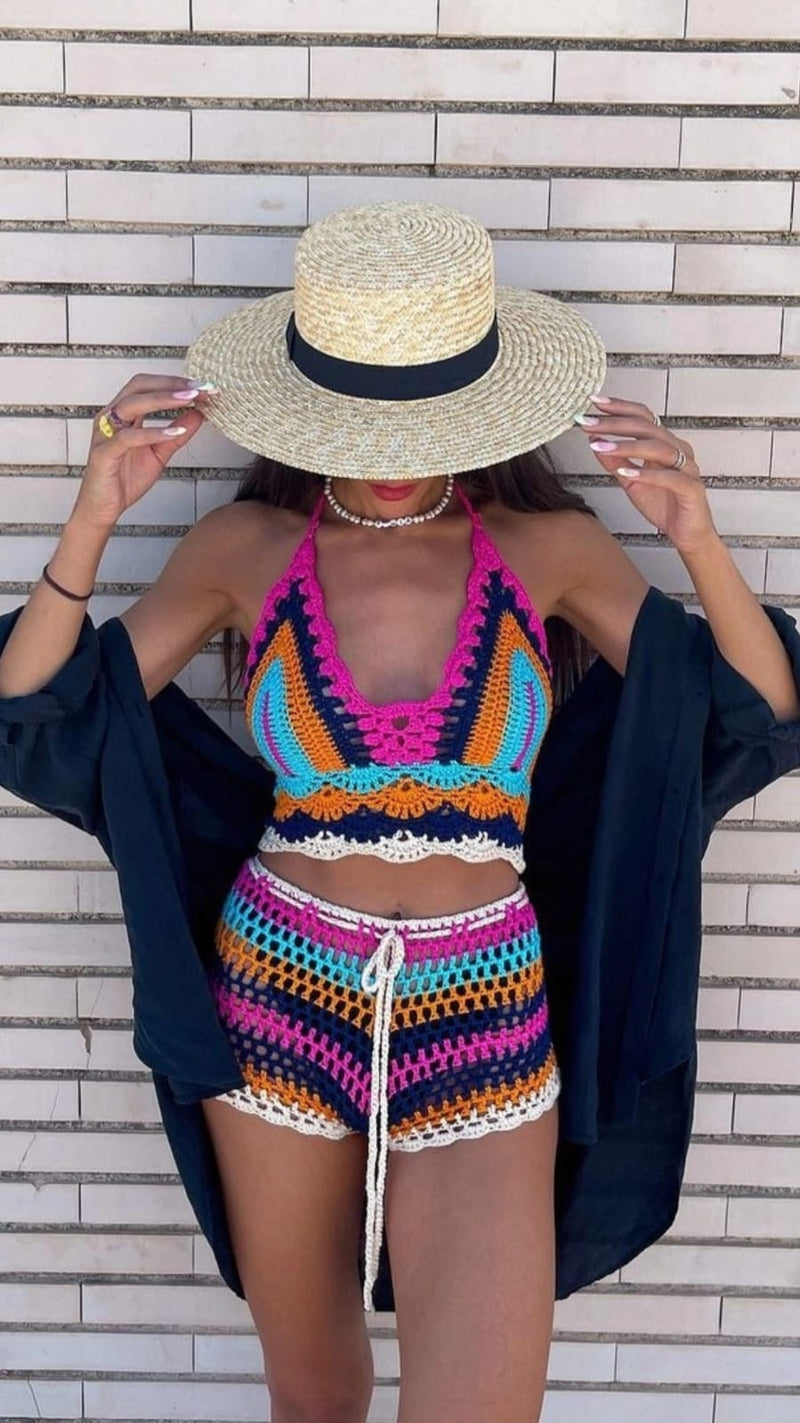Conjunto Beach Crochet Hecho a Mano | Top Halter + Short | Talla Única 34-42 | Multicolor