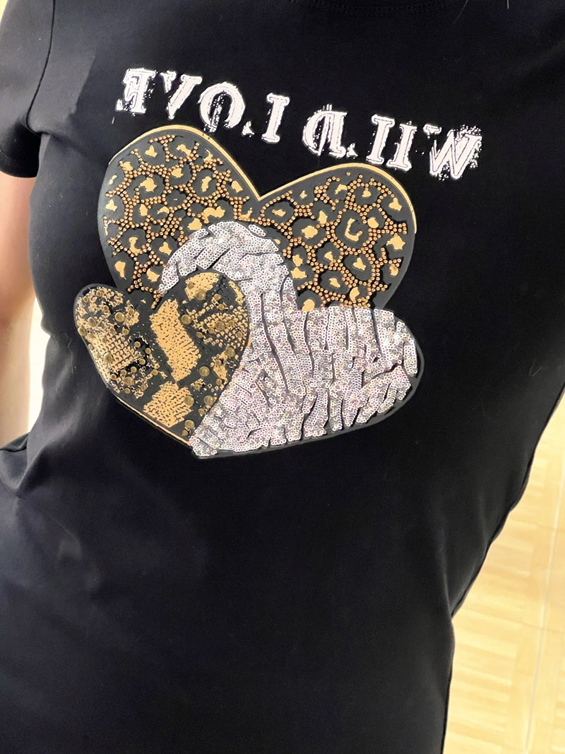 Camiseta negra “Wild Love” con brillos y estampado animal – Talla única elástica