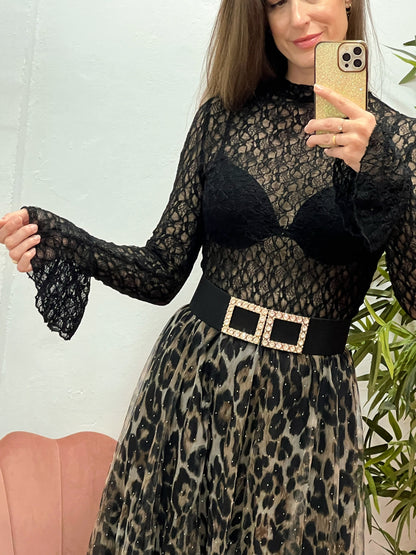 Falda Larga de Tul Animal Print con Brillos – Cintura Elástica, Mucho Vuelo y Forro Interior (Talla Única) El Vestidor de Inma