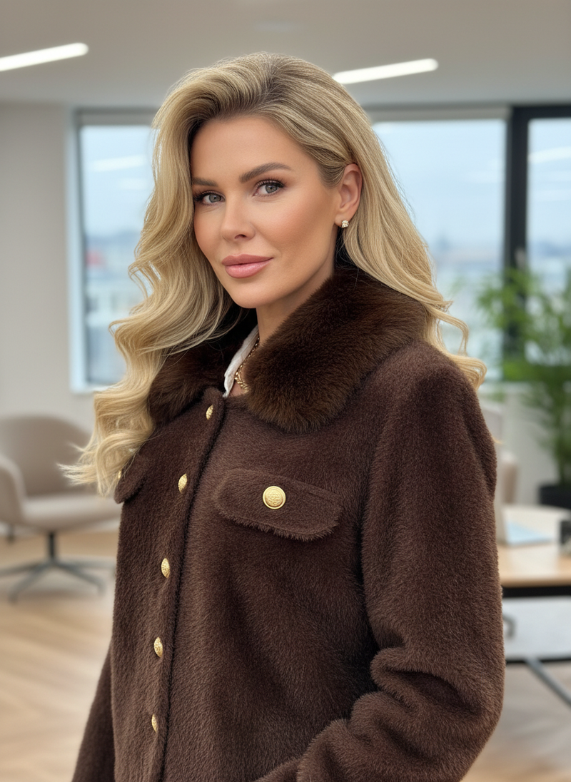 Chaqueta de Pelito con Cuello Desmontable y Botones Dorados – Talla Única