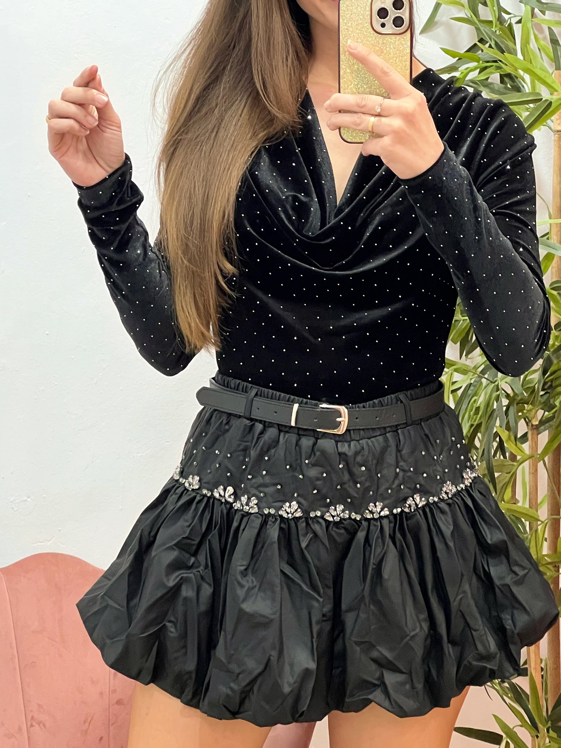 Falda Globo en Polipiel con Pedrería – Pantalón Interior y Cinturón Incluido (Tallas S/M/L) El Vestidor de Inma