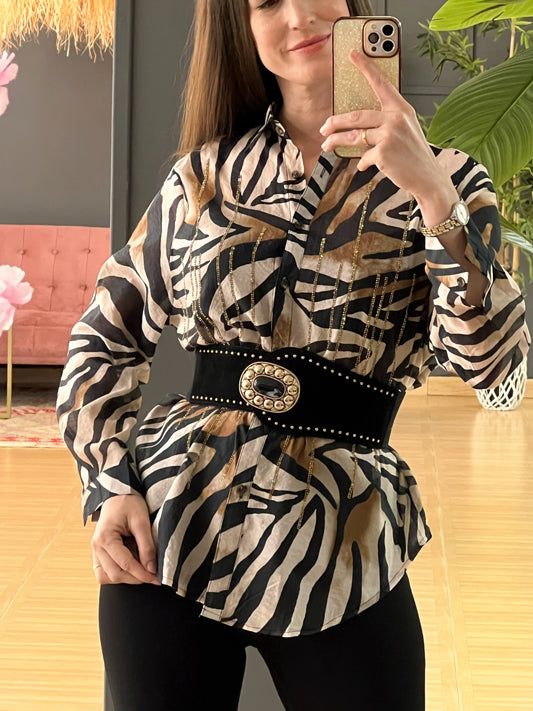 Camisa Animal Print Cebra Con Strass El Vestidor de Inma