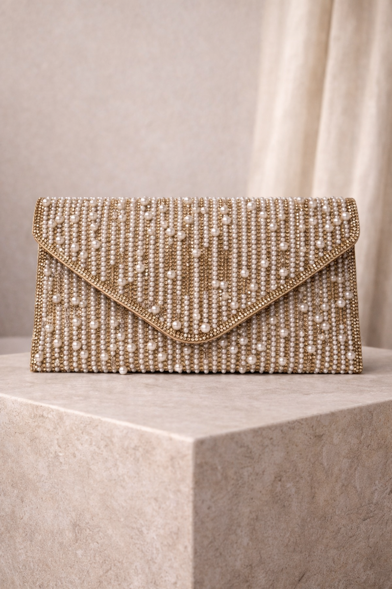 Cartera de Invitada Dorada con Perlas y Pedrería | Bolso Clutch Elegante para Bodas y Eventos
