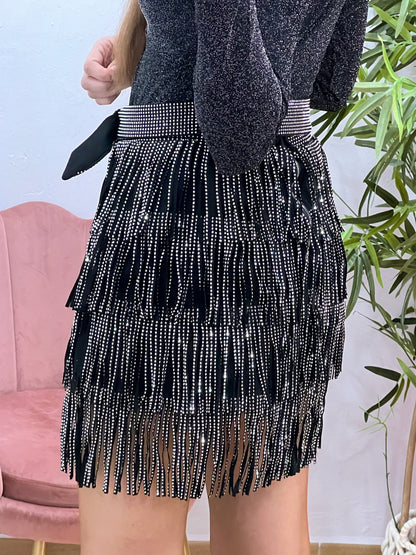 Falda Negra de Flecos con Strass Plateado – Elástica, con Cremallera Trasera y Cinturón Incorporado El Vestidor de Inma