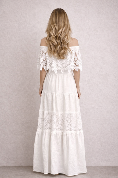 Vestido Largo Blanco Encaje Hombros Descubiertos con Forro | Talla Única | Invitada Boda Comunión El Vestidor de Inma