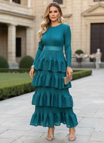 Vestido Invitada Talla Grande Plisado con Volantes y Fajín – Talla Única hasta 52 El Vestidor de Inma