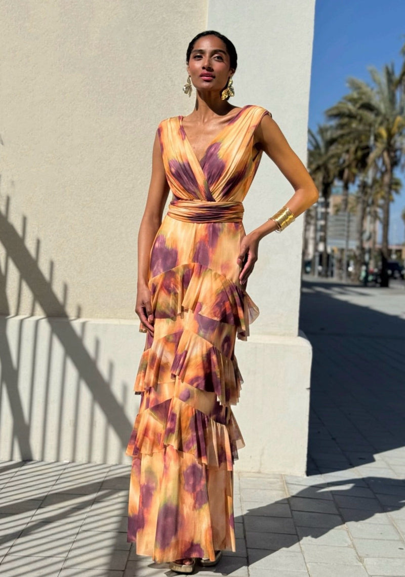 VESTIDO LARGO ESCOTE V ESTAMPADO TIE DYE CON VOLANTES
