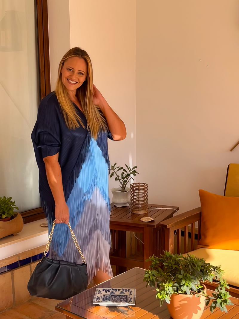 Vestido Invitada Plisado con Flecos