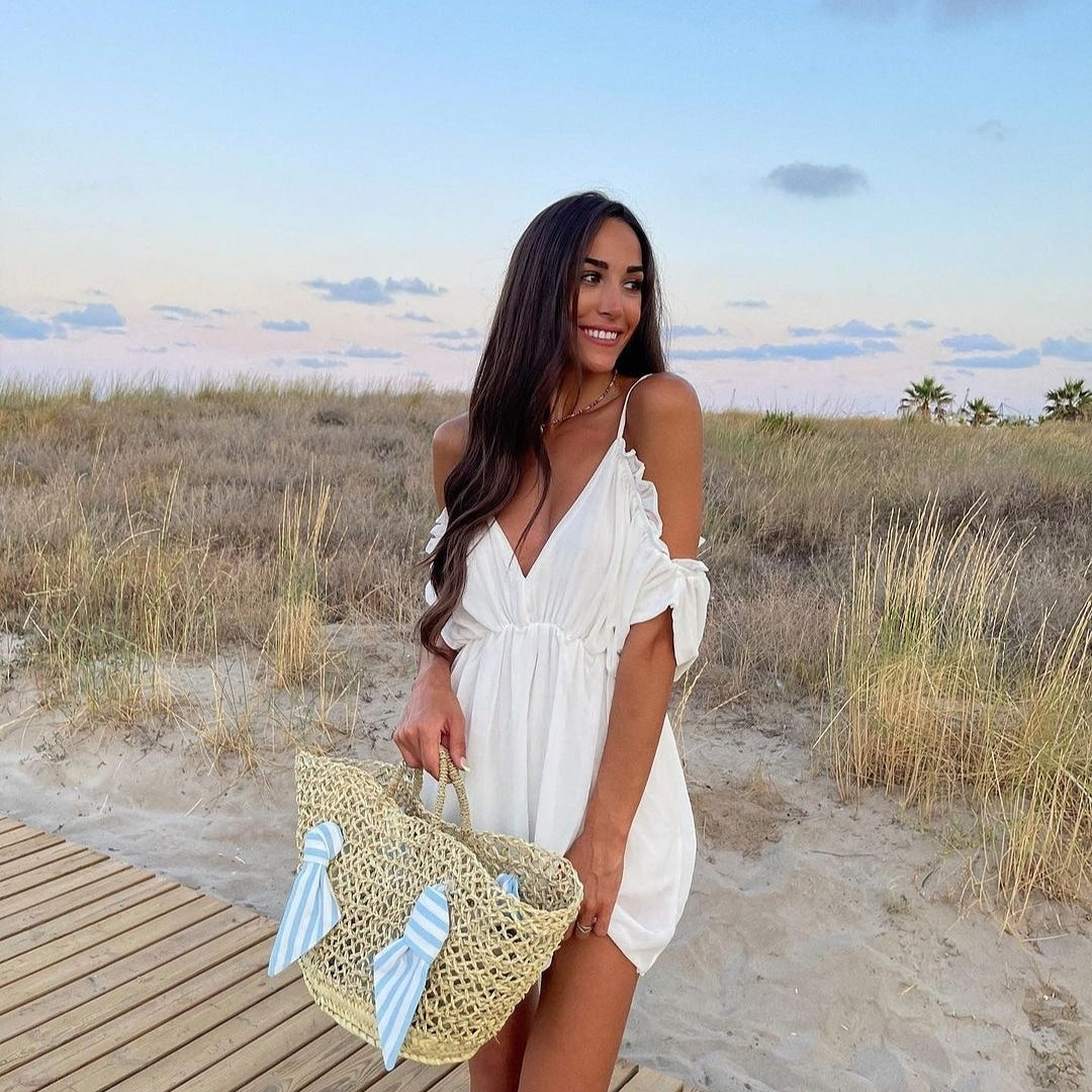Bolso Cesta de Esparto Hecho a Mano en España con Lazos de Rayas Azul y Blanco El Vestidor de Inma