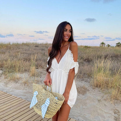 Bolso Cesta de Esparto Hecho a Mano en España con Lazos de Rayas Azul y Blanco El Vestidor de Inma