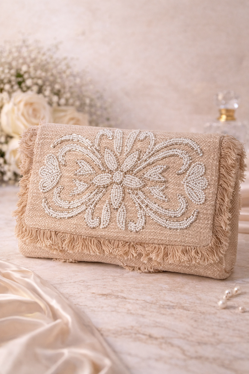 Clutch de Rafia Bordado con Cuentas | Bolso Boho Elegante para Invitadas