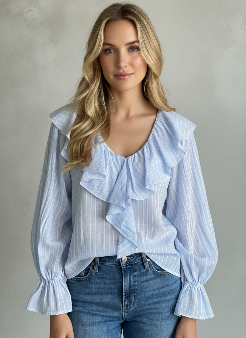 Blusa Rayas con Volantes Talla Única Rosa y Azul Elegante El Vestidor de Inma