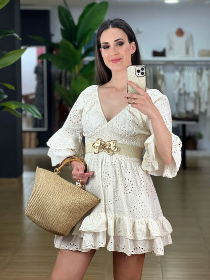VESTIDO CORTO NIDO DE ABEJA  BORDADO INGLÉS El Vestidor de Inma