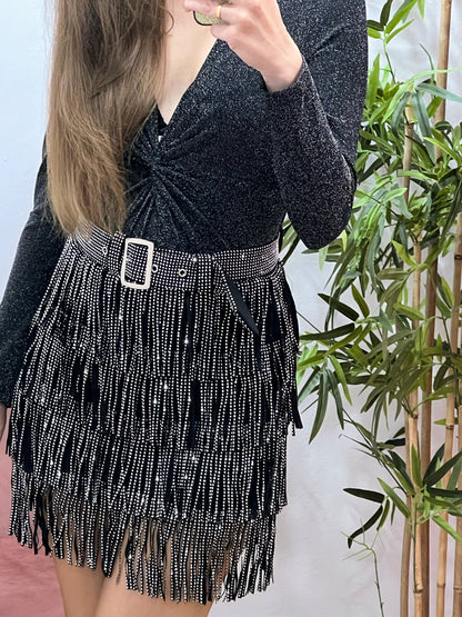 Falda Negra de Flecos con Strass Plateado – Elástica, con Cremallera Trasera y Cinturón Incorporado El Vestidor de Inma