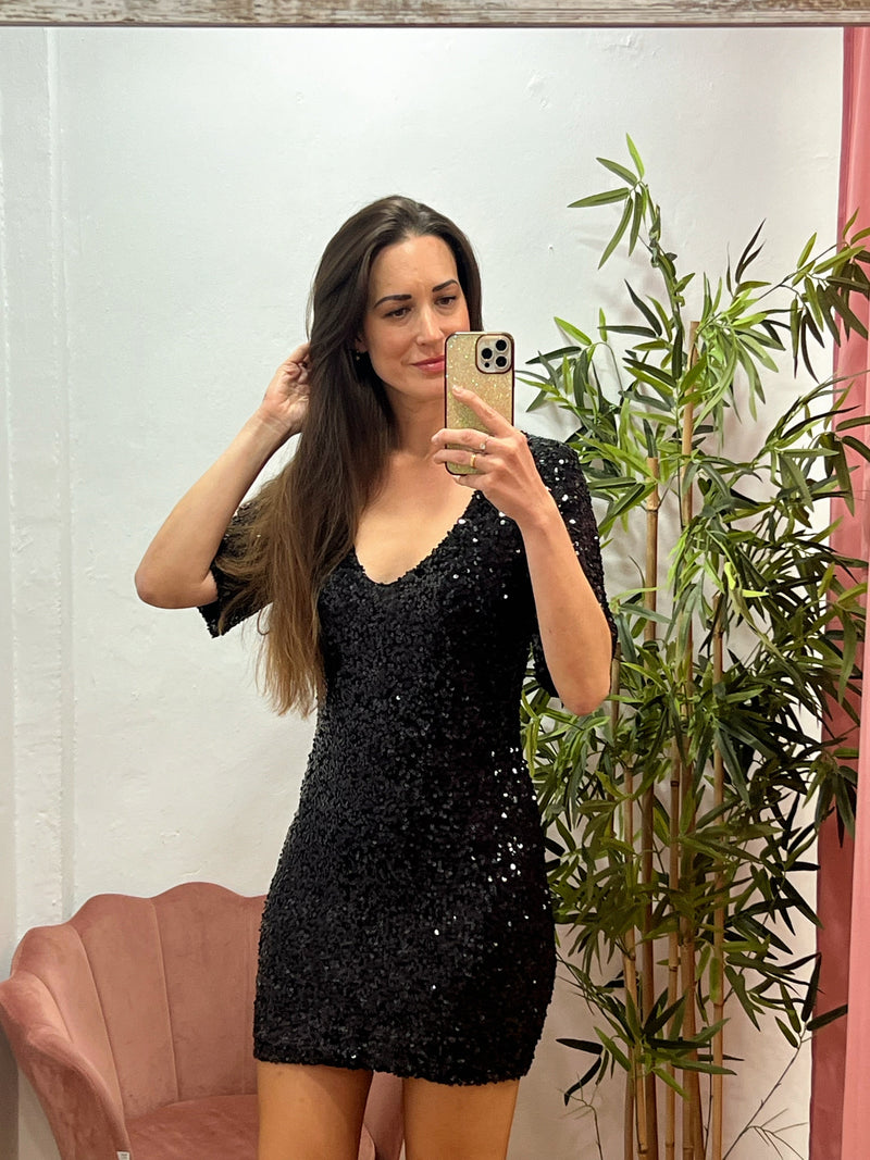 Vestido Negro de Lentejuelas Talla Única – Elegante, Forrado y Ajustable 36 a 40/42