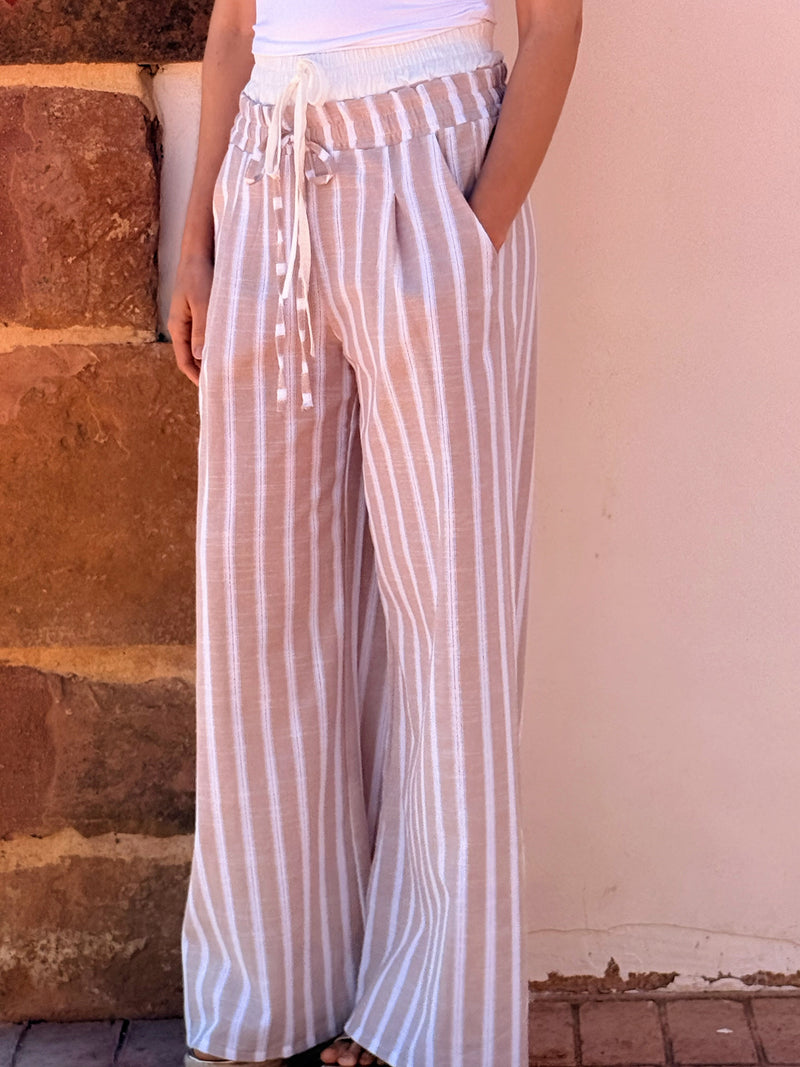 Pantalón Palazzo Rayas con Hilo Dorado – Cintura Elástica | Verano Mujer