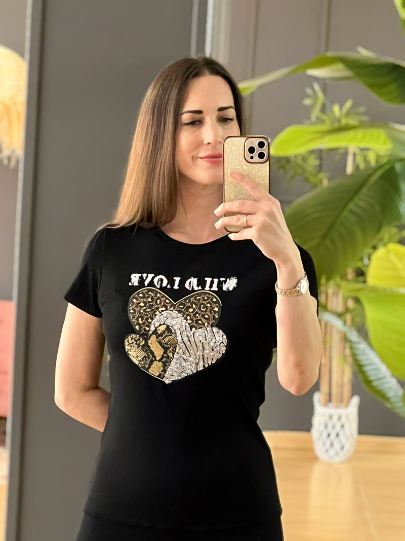 Camiseta negra “Wild Love” con brillos y estampado animal – Talla única elástica