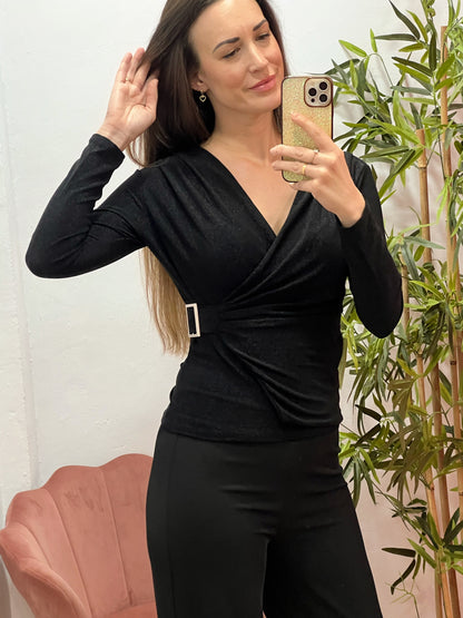 Camiseta Lurex Talla Única con Hebilla Lateral y Escote en Pico – Disponible en Negro y Plata