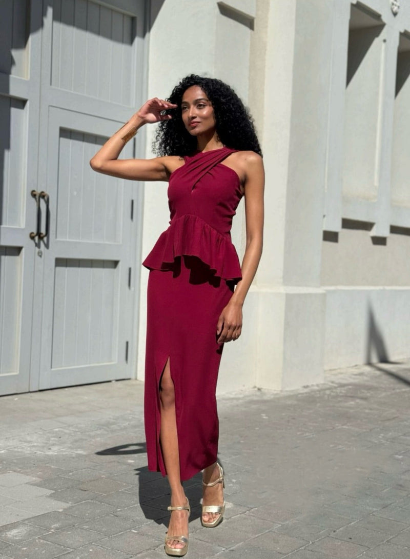 Vestido Largo Granate Peplum | Diseñado y Fabricado en España | El Vestidor de Inma