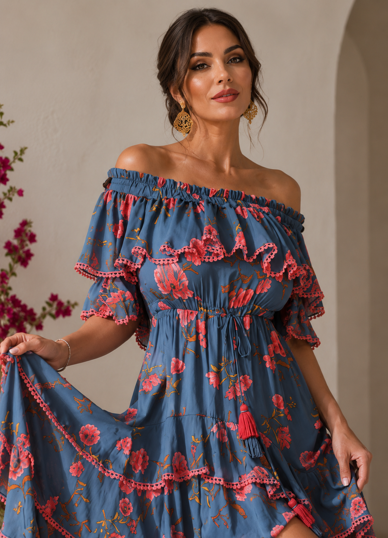 Vestido Bardot Seda Natural Estampado Floral Azul — Volantes y Borlas | El Vestidor de Inma