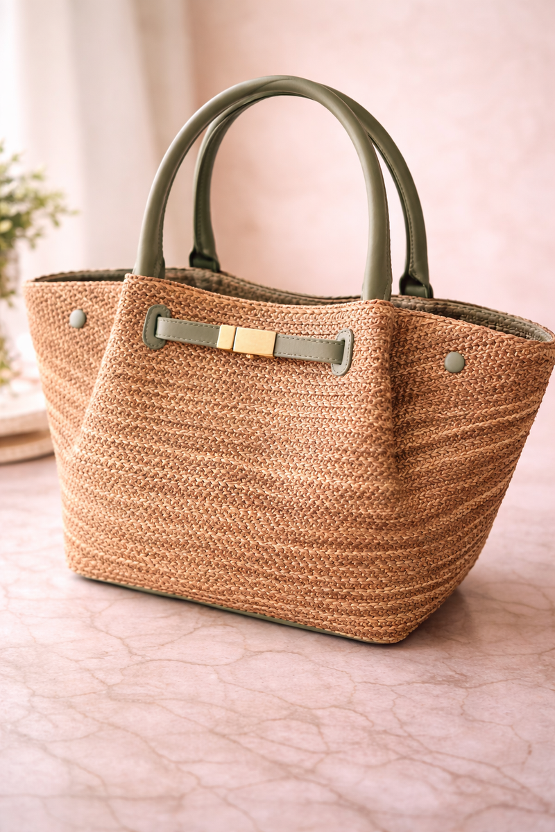 Bolso Capazo de Rafia Natural con Asas Verdes | Bolso Elegante de Verano