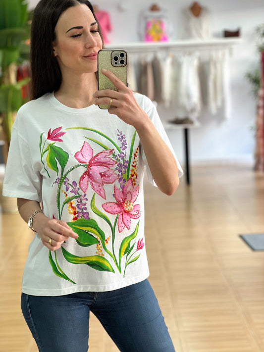 CAMISETA FLORES STRASS