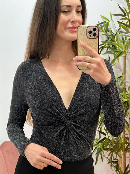 Body Lurex Plata con Nudo Frontal y Escote en Pico – Tallas S/M y M/L El Vestidor de Inma