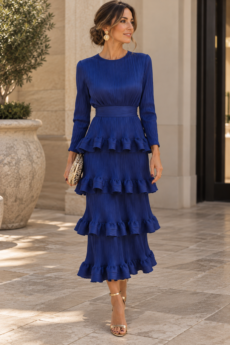 Vestido Invitada Plisado con Volantes y Fajín