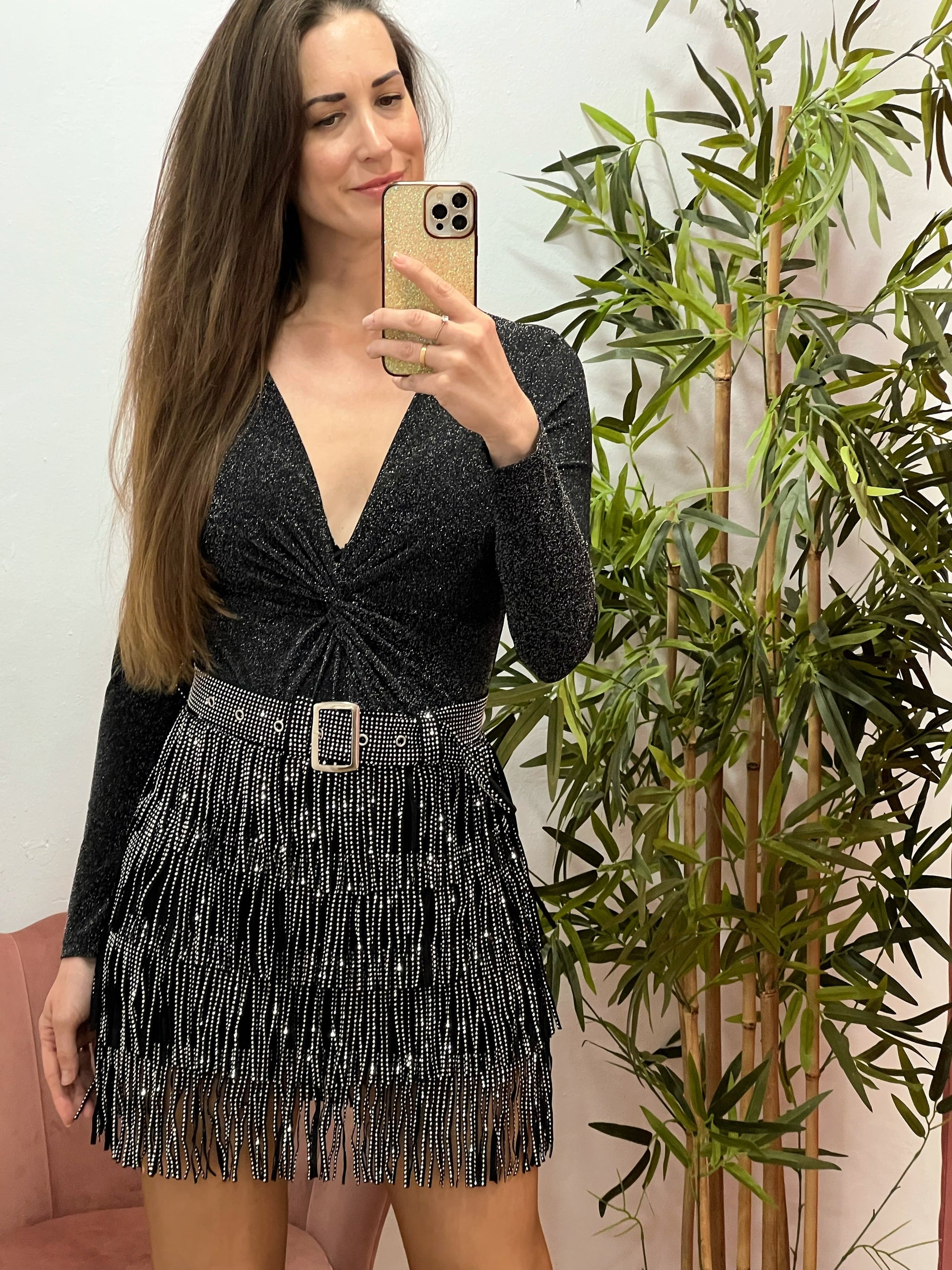 Falda Negra de Flecos con Strass Plateado – Elástica, con Cremallera Trasera y Cinturón Incorporado El Vestidor de Inma